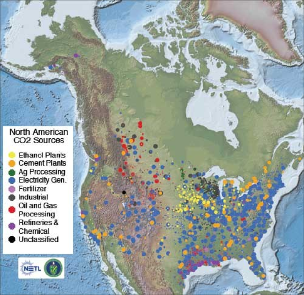 A poster featuring a U.S. map with green-shaded regions indicating varying CO2 emission levels from North American sources, accompanied by text detailing source specifics.