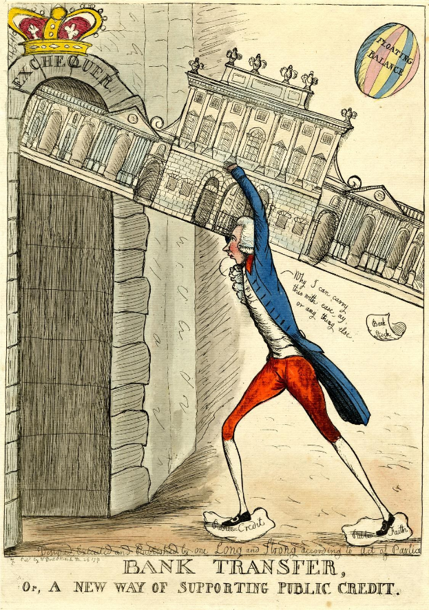Cartoon eines Mannes in einem blauen Jackett und roten Hosen mit einer Krone, der vor einem Gebäude steht, mit Text unten, der "Bankübertragung oder, eine neue Art der Unterstützung von öffentlichem Kredit" lautet.