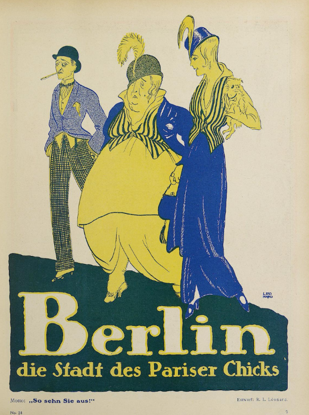 Ein Plakat für ein Konzert in Berlin, Deutschland, das eine Gruppe von Menschen in bunter Kleidung vor einem Gebäude zeigt, öber dem der Text 'Berlin - Die Stadt des Pariser Chicks' steht.