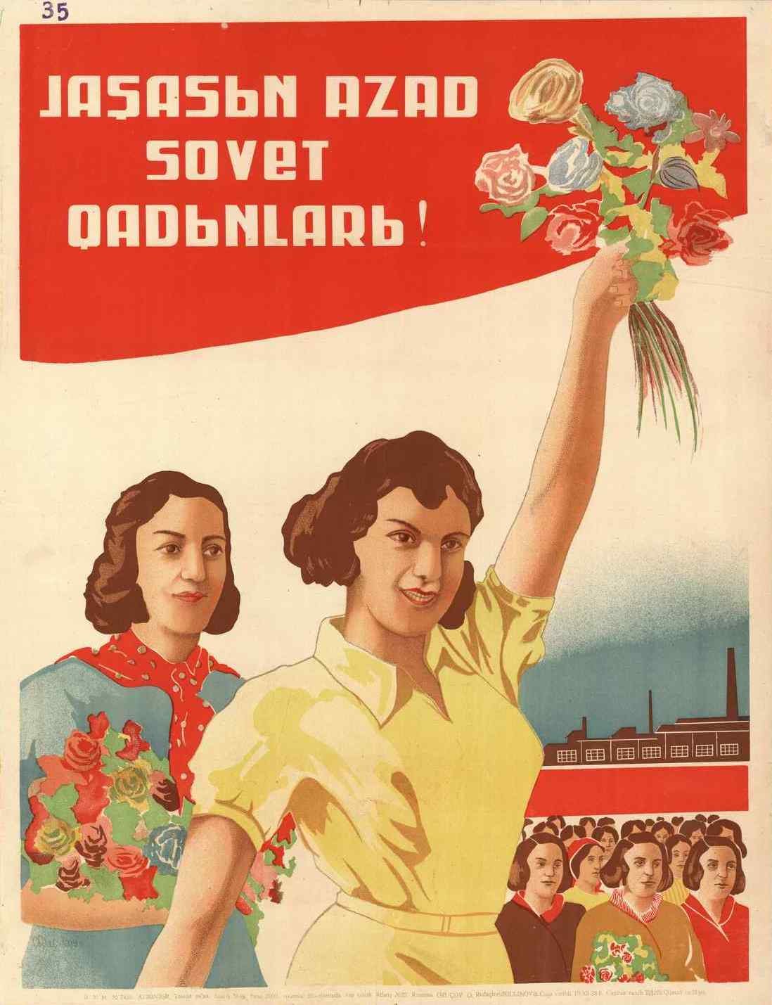 Sowjetische Propagandaplakat zum Internationalen Frauentag, das eine Frau mit Blumen in der Hand zeigt, umgeben von einer Menge und einem Gebäude, mit der Aufschrift "Frauentag."