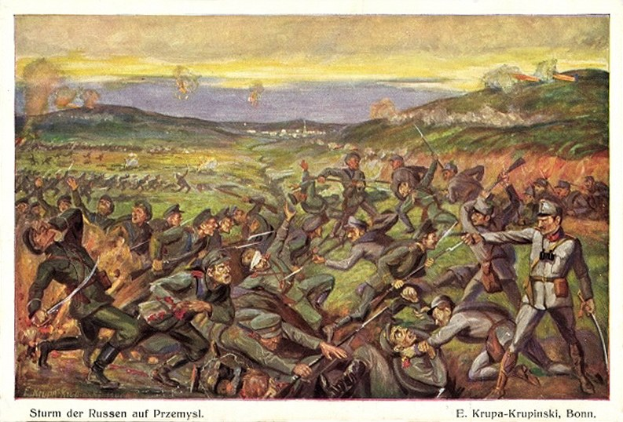 Painting depicting a battle scene with soldiers in military uniforms, some holding guns, with the text "Sturm der Russen auf Przemysl" at the bottom.
