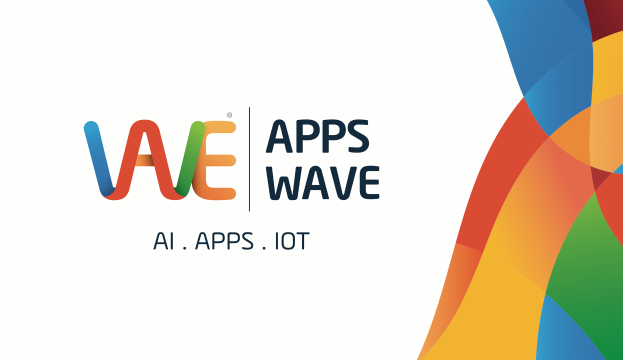 Ein buntes Design auf der rechten Seite mit den Worten "AI, Apps, IoT" darauf vor einem weißen Hintergrund.