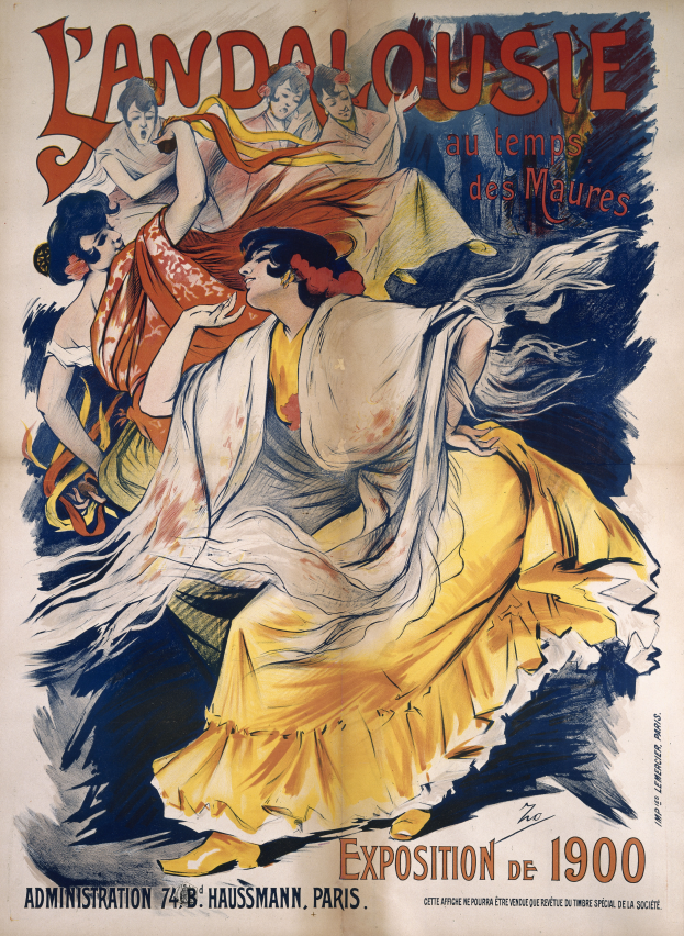 Ein Plakat, das die Landalousie-Ausstellung auf der Weltausstellung Paris 1900 ankündigt, zeigt eine Frau in einem gelben Kleid.