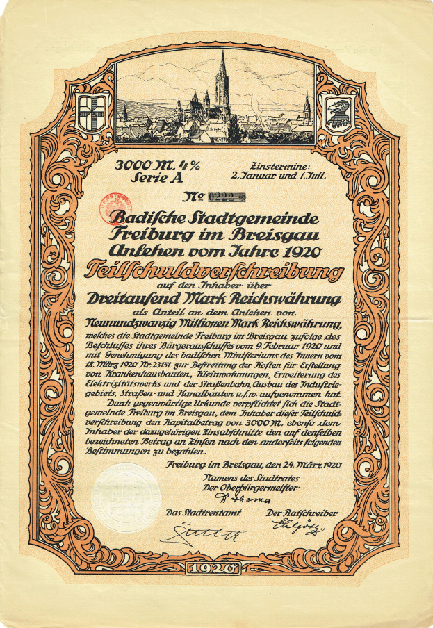 Ein altes deutsches Wertpapier mit einer Stadtansicht-Illustration und bedrucktem Text, der den Ursprung des Wertpapiers angibt.