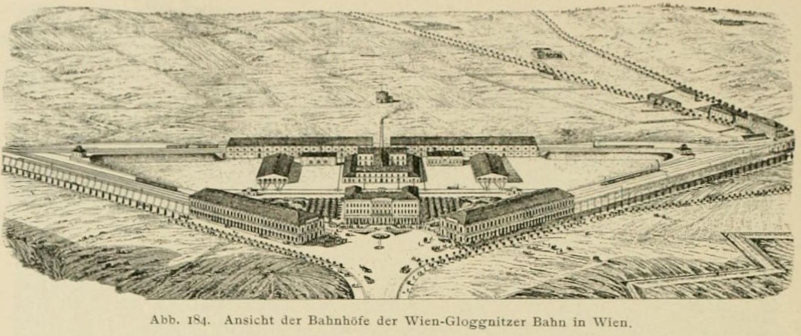 Old drawing of a large building labeled "Bahnhof der Wien" in a field with trees and other structures.