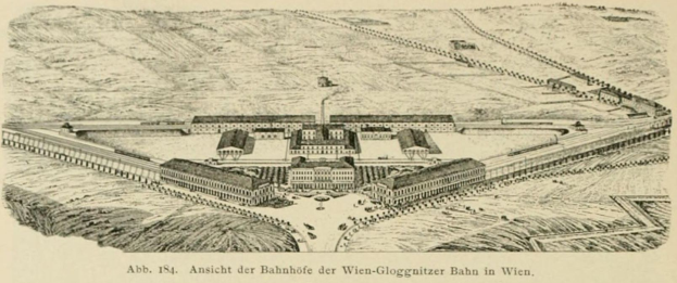Old drawing of a large building labeled "Bahnhof der Wien" in a field with trees and other structures.