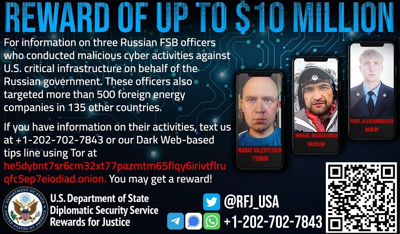 Poster offering up to $10 million reward for information on three Russian FSB officers, featuring their photos, logos, and a QR code at the bottom.