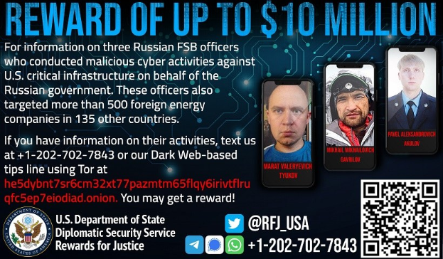 Poster offering up to $10 million reward for information on three Russian FSB officers, featuring their photos, logos, and a QR code at the bottom.