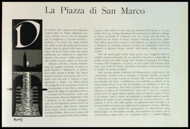 Ein Blatt mit Text in klassischer Schriftart und einer Abbildung der Piazza di San Marco in Venedig, das die Pracht und Geschichte der Stadt mit leuchtenden Farben und detailreichen Elementen hervorhebt.
