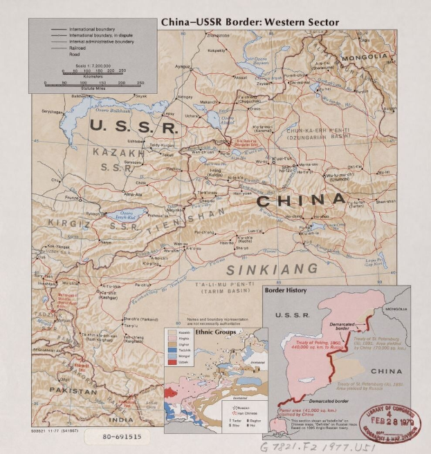 Detailierte Karte des China-USSR-Grenzbereichs Westen, zeigt Grenzen, wichtige Städte und Ortschaften mit begleitendem erklärendem Text.