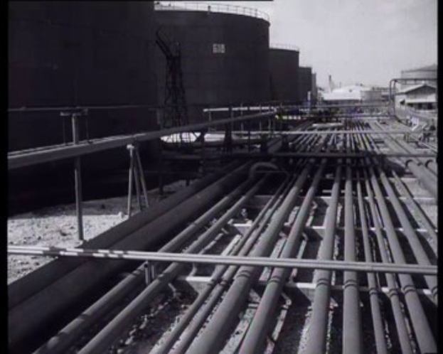 Black and white photo of a large group of pipes arranged in a neat line at a factory, with buildings in the background and a clear sky above, with text at the top and bottom of the image.