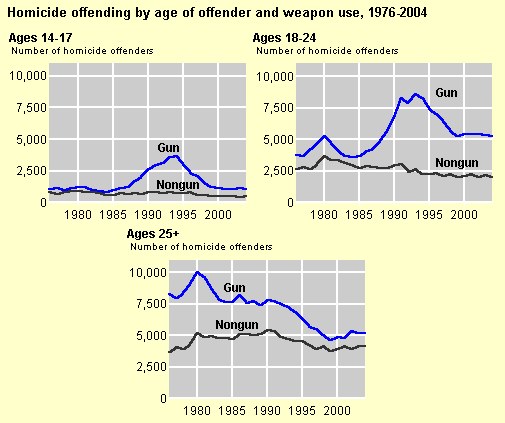Bar graph showing homicide offending rates by age of offender and weapon type from 1976 to 2004, with accompanying explanatory text.