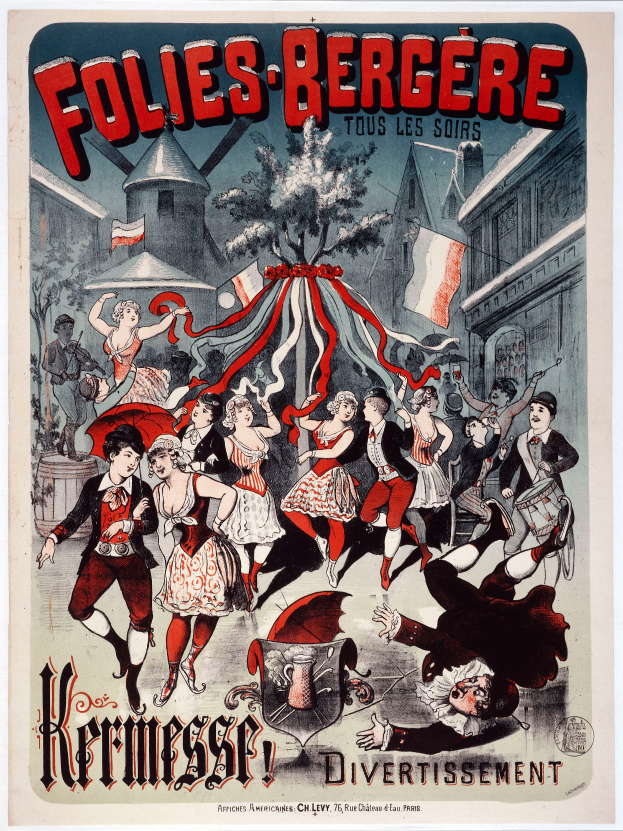 Ein Plakat für das Folies-Bergère-Festival in Paris, das eine Gruppe tanzender Menschen im Vordergrund zeigt, umgeben von Gebäuden, Flaggen und einem Baum, und französische Texte oben und unten.