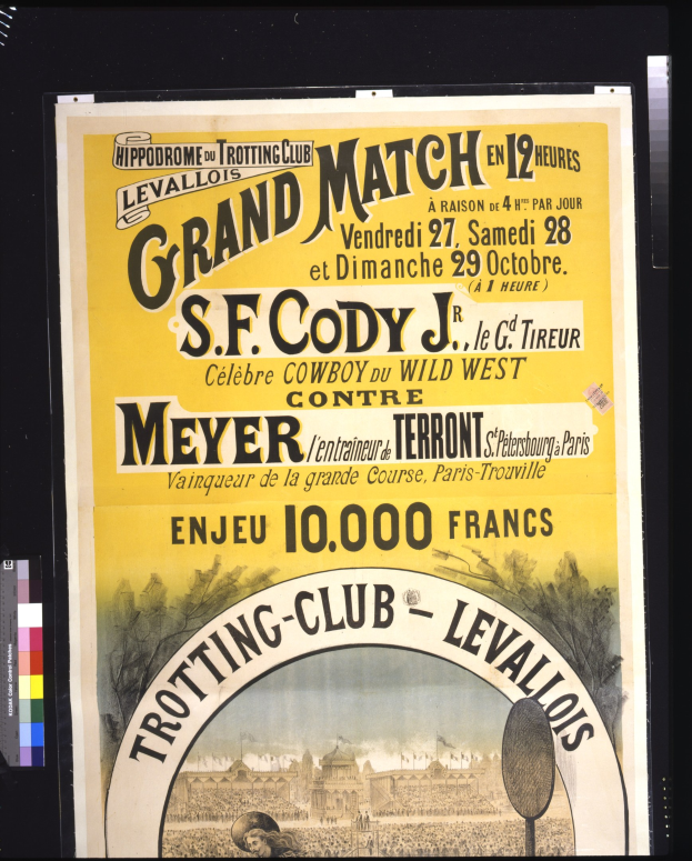 Plakatankündigung eines großen Kampfes zwischen S.F. Cody und Meyer mit Textbeschreibung des Ereignisses.