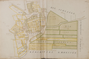 Ein altes Buch mit einer detaillierten Karte von Hamburg, Deutschland, einschließlich Straßen, Gebäuden und Sehenswürdigkeiten, begleitet von Texten über die Bevölkerung und Merkmale der Stadt.