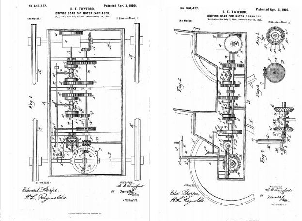 Schwarz-weiß-Zeichnung einer Maschine mit mehreren ineinandergreifenden Zahnrädern auf weißem Papier mit handgeschriebener Schrift, die das erste patentierte Automobildesign darstellt.