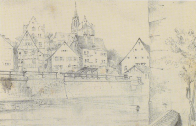 Ein Bleistift-Zeichnung einer Stadtlandschaft mit dem Titel "Nürnberg, Deutschland" von Joseph Mallord William Turner, die Gebäude, Bäume und eine Brücke über einen Fluss zeigt.