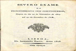 Old book with a black and white portrait on the cover, titled "Severe Exame do Procedimento dos Portugueses, Depois do Dia 29 de Noviembre de 1807".