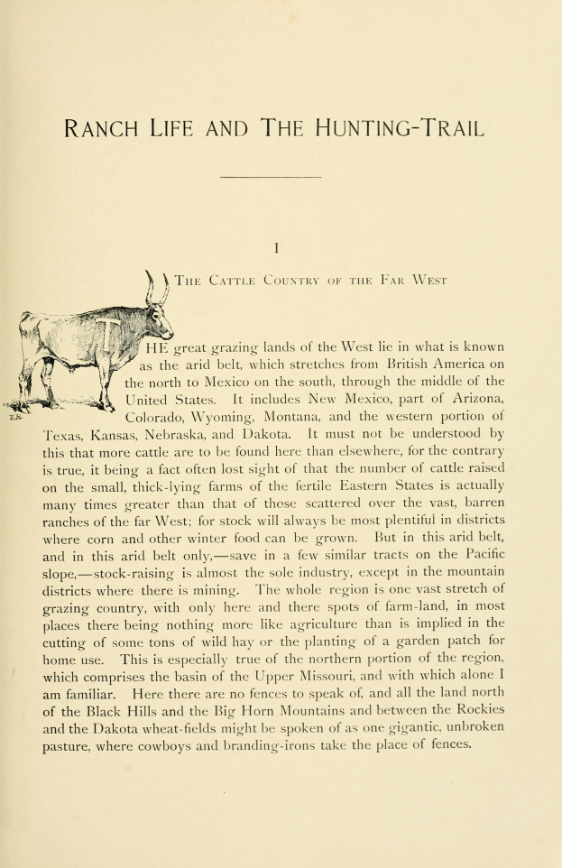Ein aufgeschlagenes Buch mit einer realistischen Zeichnung einer Kuh und der fetten Schrift "Ranch Life and the Hunting-Trail" darunter.