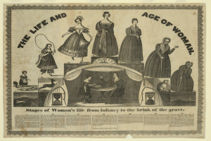 Ein buntes, detailliertes Papier, das die Lebensphasen von Frauen von der Kindheit bis zum Alter darstellt, mit fetter Schrift, die die Botschaft betont.