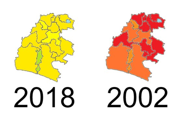 Eine weiße Deutschlandkarte, die die Provinzen von 2002 in rot, 2018 in gelb und überlappende Bereiche in orange hervorhebt, mit etwas Text im Hintergrund.