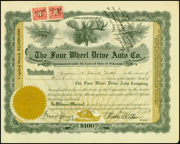 Rahmenerlagertes Wertpapier der Four Wheel Drive Auto Co. mit goldenem Siegel, Text, numerischen Werten und mehrfarbigen Stempeln.