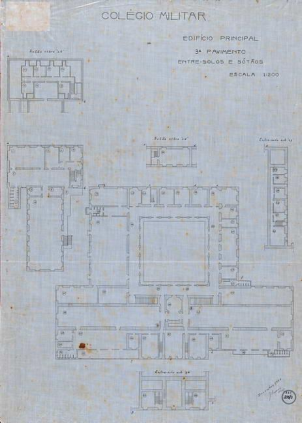 EinBlueprint eines Gebäudes mit zahlreichen Fenstern, identifiziert als das Colégio Militar, mit detaillierten architektonischen Plänen und Text.