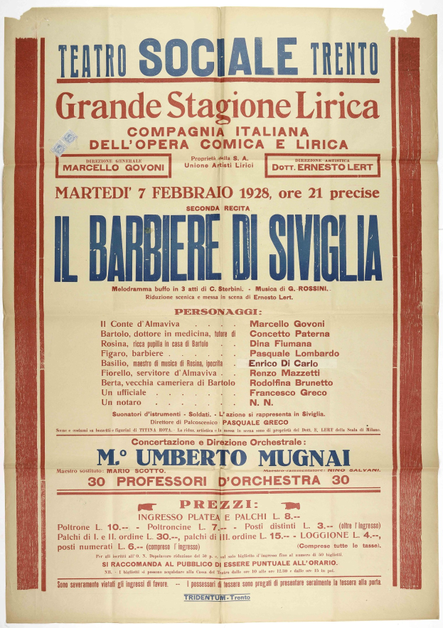Plakatankündigung für ein Konzert im Teatro Sociale Trento in Rom, Italien, mit Text zur Beschreibung des Ereignisses.