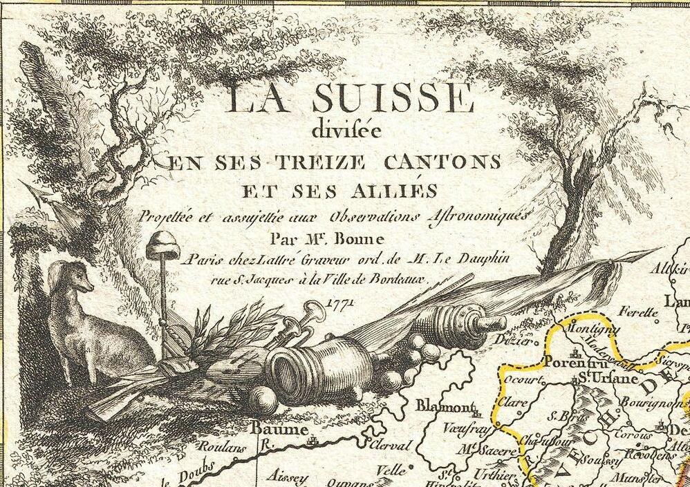 Ein Plakat, das eine Karte der Schweizer Landschaft mit illustrierten B├Ąumen, Tieren und Gegenst├Ąnden zeigt, begleitet von Text.