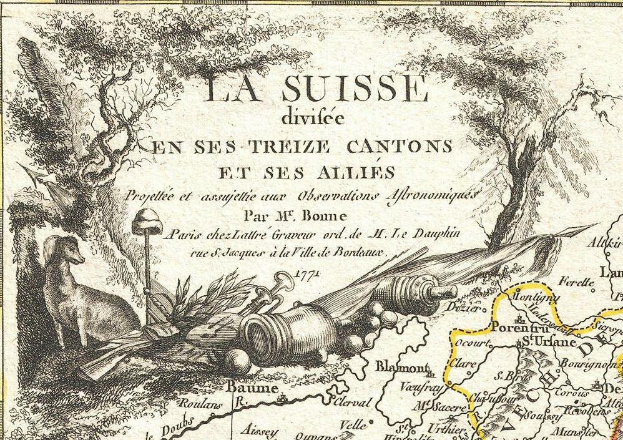 Ein Plakat, das eine Karte der Schweizer Landschaft mit illustrierten B├Ąumen, Tieren und Gegenst├Ąnden zeigt, begleitet von Text.