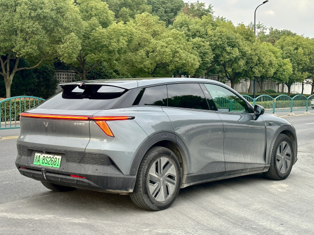 Ein graues Tesla Model X Elektroauto steht am Straßenrand in China, mit Geländern, Laternenpfählen, Bäumen, Gebäuden und einem klaren blauen Himmel im Hintergrund.