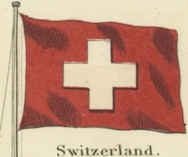Rotes Flagge mit weißem Kreuz, das an einem Stab befestigt ist und unten mit "Schweiz" beschriftet ist.