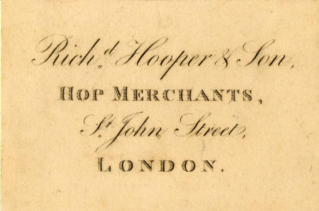 Alte Geschäftsgebühr für "Rich, Hooper & Son, Hop Merchants" auf St John Street, London.