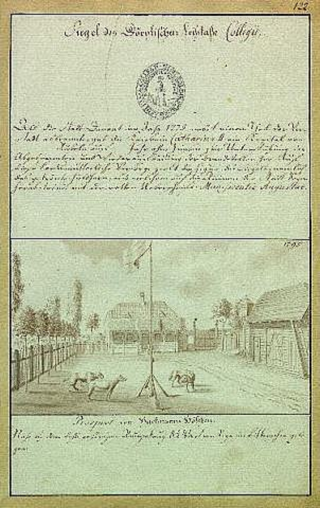 Ein historisches Dokument mit einer Straßenszene, einem Fahnenmast, Gebäuden, Bäumen und Himmel, überlagert mit Text aus der ersten Entwurfsfassung der deutschen Verfassung.