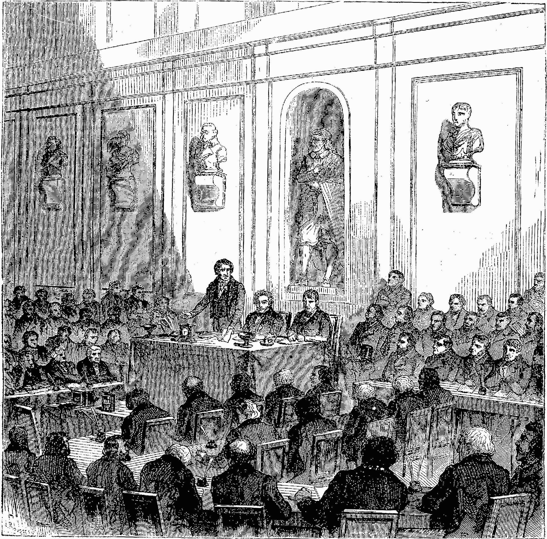 Black and white drawing of a courtroom with seated individuals and standing figures in the background, labeled "Court of Appeal" at the bottom.