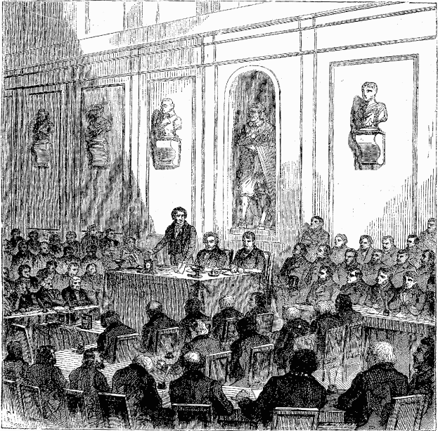 Black and white drawing of a courtroom with seated individuals and standing figures in the background, labeled "Court of Appeal" at the bottom.