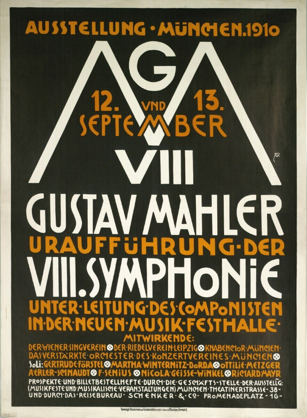 Poster for Gustav Mahler's symphonic concert in Munich, Germany, displayed in the center of the image.