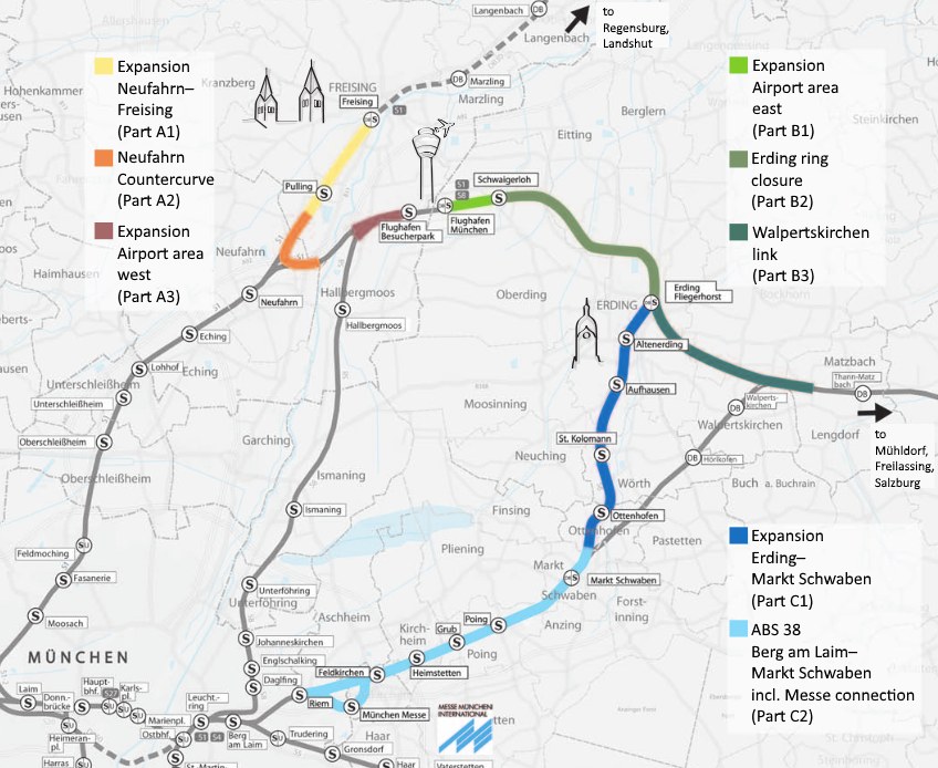 Eine detaillierte Karte einer Stadt mit einer hervorgehobenen Bahnroute von München nach Frankfurt, einschließlich Haltepunkte und umgebender Gebiete, mit zusätzlichen Bahninformationen.