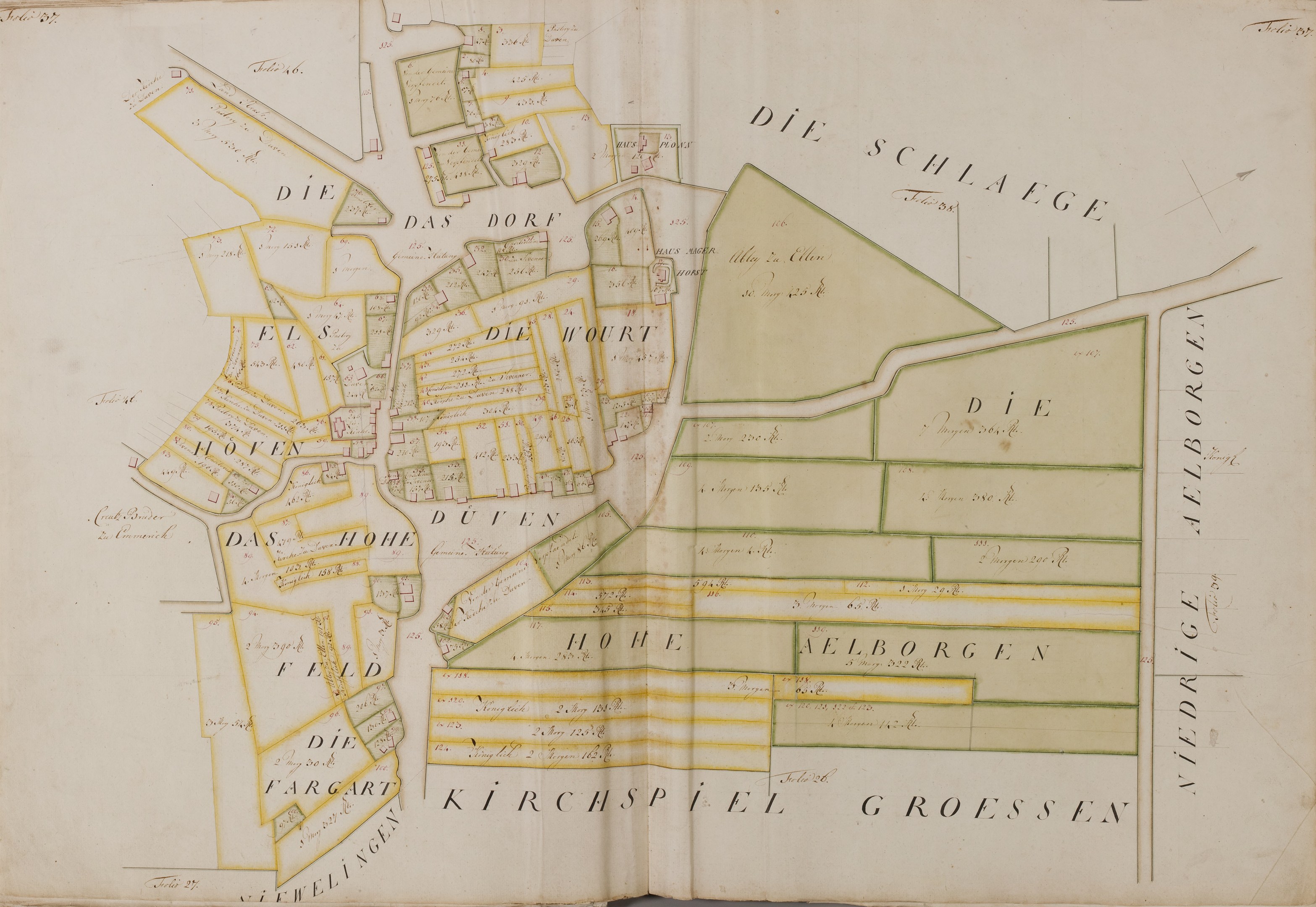 An old book featuring a detailed map of Hamburg, Germany, with text providing information about the city's population, streets, and landmarks.