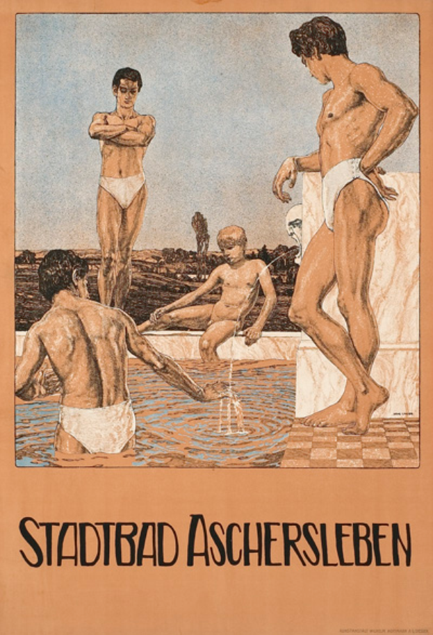 Eine Gruppe von Menschen, die im Schwimmbad steht und eine Person sitzt, mit Textinformationen über das Schwimmbad und seine Einrichtungen in Aschersleben, Deutschland.
