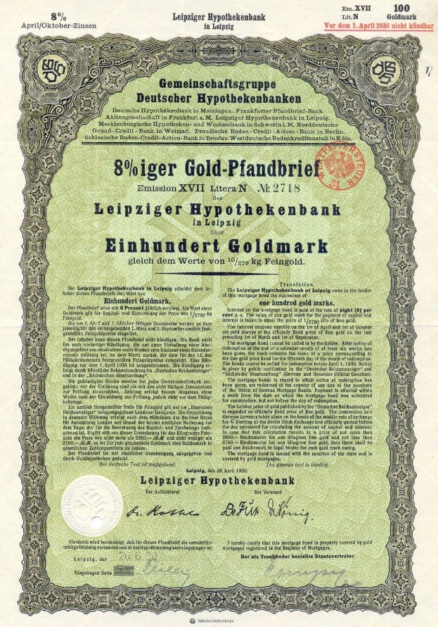 Old green stock certificate from Leipzig Hypothekbank with printed text and a stamp.