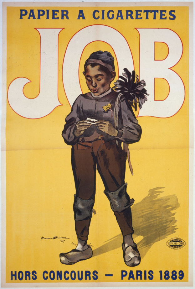 Ein Plakat mit einem jungen Jungen, der eine Zigarette hält und einen entschlossenen Gesichtsausdruck hat und wahrscheinlich einen Job bewirbt.