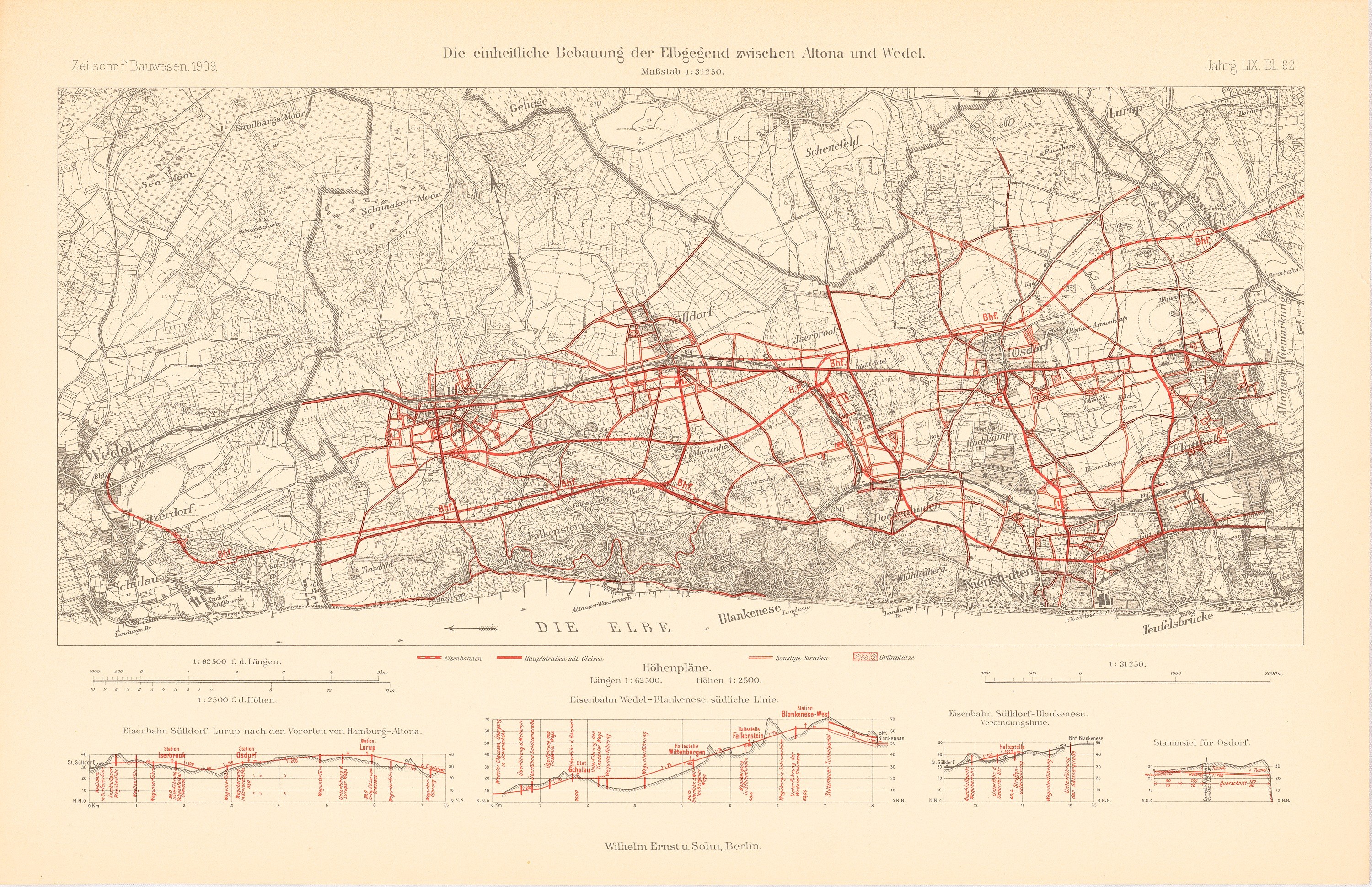 Old map of Berlin, Germany, with red lines marking a train route, printed on paper with text at the top and bottom.