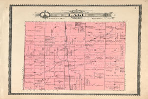 Old map of Minnesota with Lake County highlighted, printed on paper with text at top and bottom.