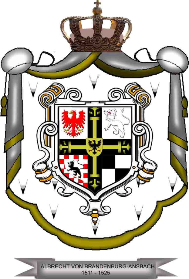 Wappen von Brandenburg-Ansbach mit einem gekrönten Schild mit einem steigenden Löwen links, einem Chevron rechts und dem Wort "Brandenburg" in fetter schwarzer Schrift darunter.