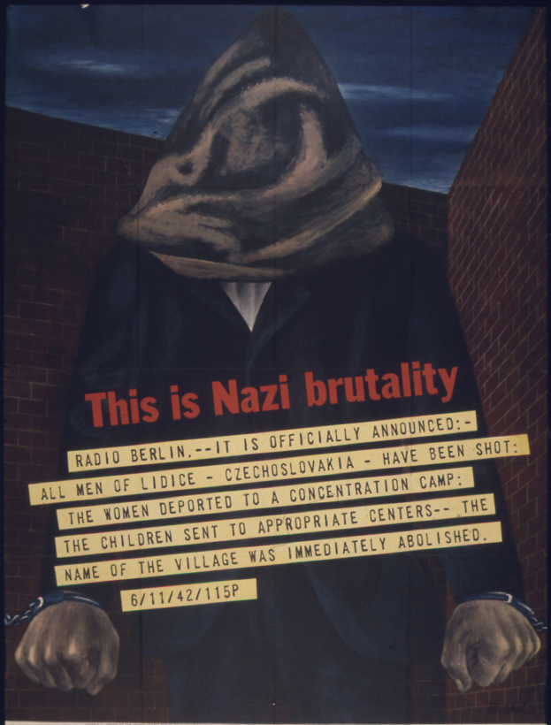 Ein Plakat an einer Wand mit einer Person in einer schwarzen Kapuzenjacke und Maske mit einem strengen Gesichtsausdruck, darüber in fetter weißer Schrift "Das ist Nazi-Gewalt" geschrieben.