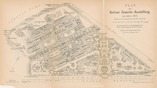A detailed 1879 map of Berlin, Germany, showing the city layout and the plan for the Berliner Gewerbe-Ausstellung, including buildings, roads, and labeled streets, parks, and landmarks.
