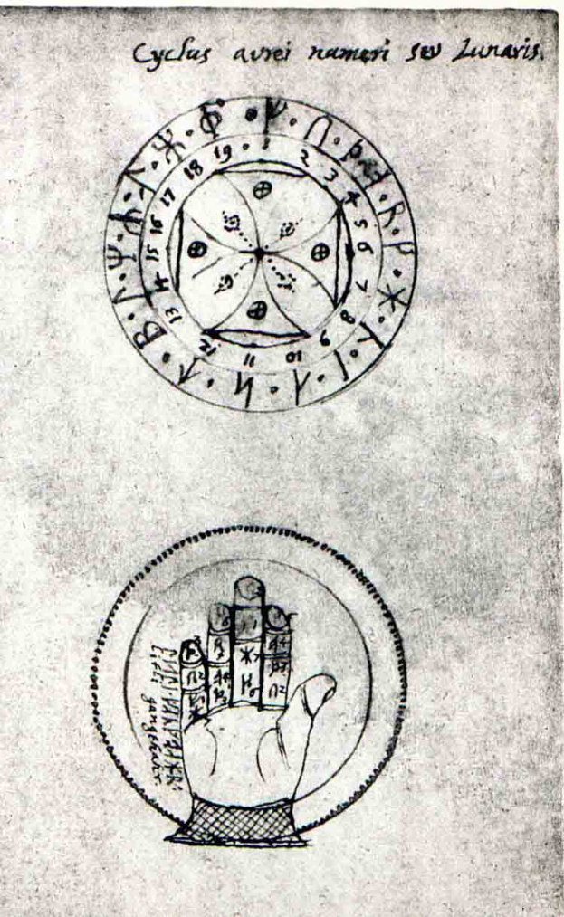 Eine Hand, die einen Kreis hält, möglicherweise als Darstellung des Tierkreises, auf einer Buchseite mit begleitendem Text.