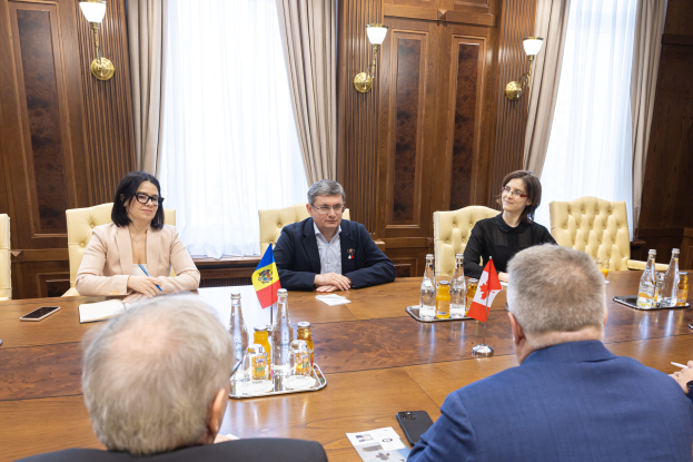 Eine Gruppe von Menschen sitzt um einen Holztisch in einem formellen Setting und ist in eine Diskussion mit verschiedenen Gegenständen, einschließlich Flaggen und Dokumenten, vertieft, die auf dem Tisch ausgebreitet sind.