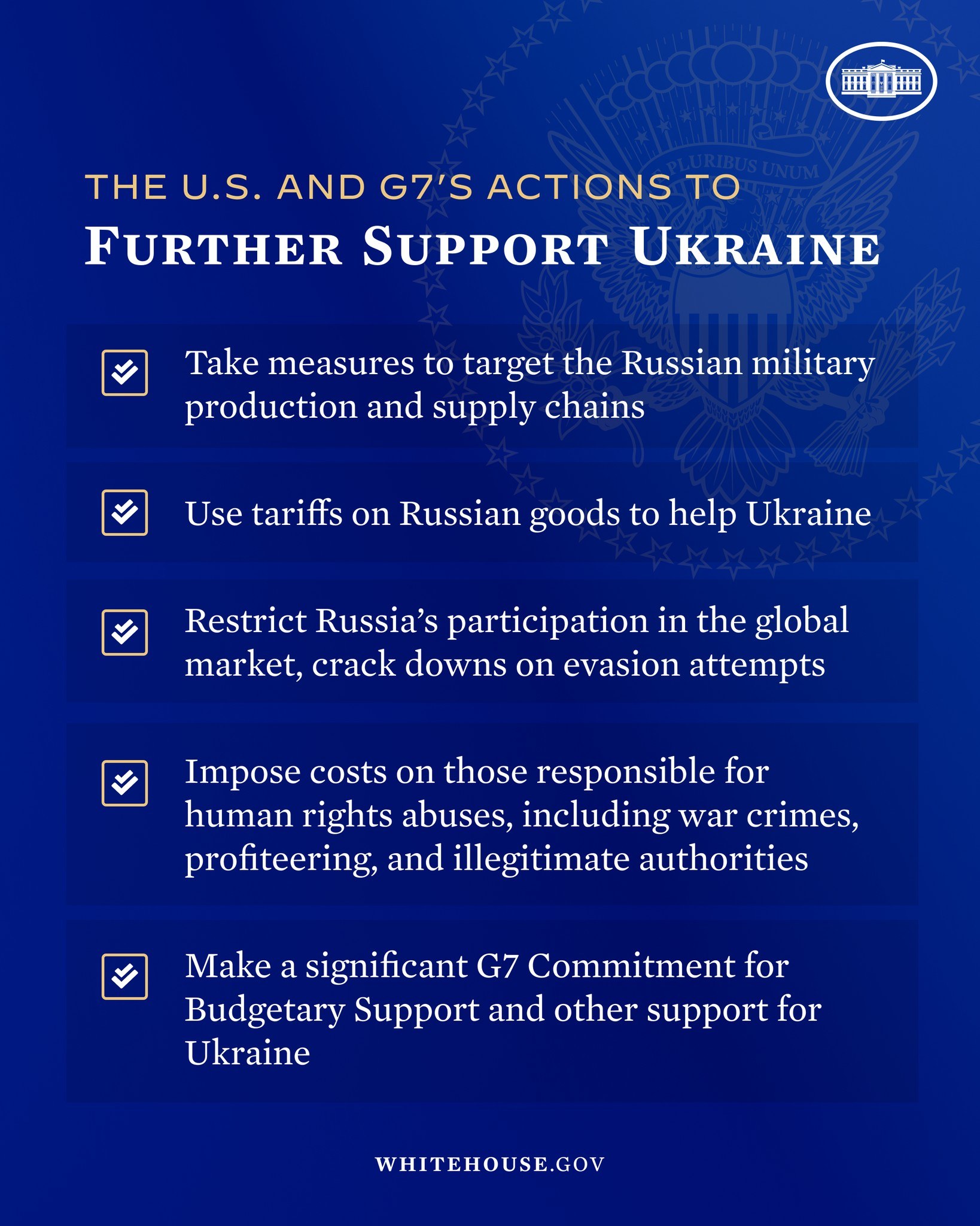 Blue poster with white text and a white circle logo containing red "G7" text, titled "The U.S. and G7's Actions to Further Support Ukraine."